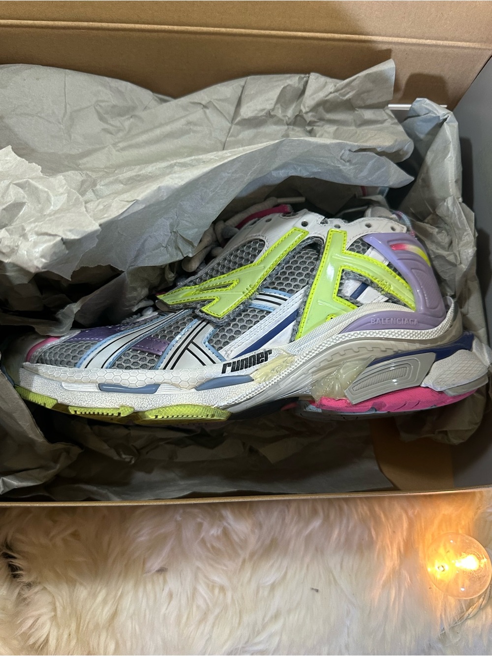 Balenciaga Women’s Neon Accent Runner Sneaker - White/Neon Yellow/Pink